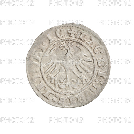Lithuanian half-grosz, Sigismund I the Old (king of Poland; 1506–1548). Obverse: Pogon turned left; in the rim between pearl borders an inscription: + MON, GISMVNDI:1511. Reverse: Polish Eagle with a crown; in the rim between pearl borders an inscription: + MAGNI:DVCIS:LITVANIE, 1511. Grand Duchy of Lithuania. Coin. Diameter: 19.7–20.1 mm. Weight: 1.23 g. Coats of arms: Pogon (Lithuania) and Eagle (Poland); Jagiellon dynasty.
