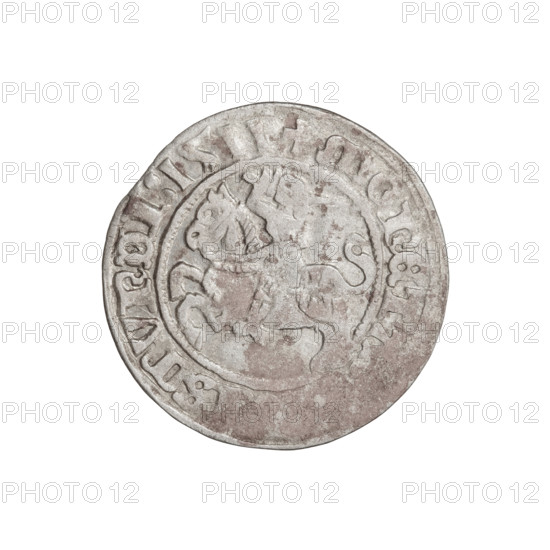 Lithuanian half-grosz, Sigismund I the Old (King of Poland; 1506–1548). Obverse: Pogon turned left; in the rim between pearl borders an inscription: + COIN, SMVNDI:1511. Reverse: Polish crowned Eagle; in the rim between pearl borders an inscription: + MAGNI:DVCIS:LIT, 1511. Jagiellon dynasty; coats of arms: Eagle (coat of arms), Pogon (coat of arms; Lithuania). Grand Duchy of Lithuania, Vilnius, Poland. Coin; diameter 19.7–20.0 mm; weight 1.16 g.
