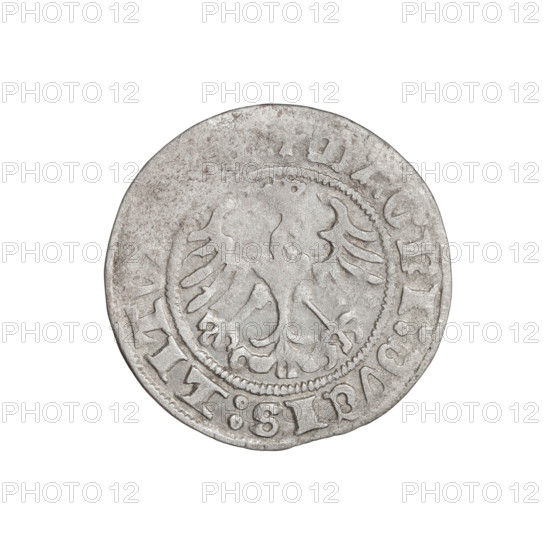 Lithuanian half-grosz, Sigismund I the Old (King of Poland; 1506–1548). Obverse: Pogon turned left; in the rim between pearl borders an inscription: + COIN, SMVNDI:1511. Reverse: Polish Eagle with a crown; in the rim between pearl borders an inscription: + MAGNI:DVCIS:LIT, 1511. Jagiellon dynasty; coats of arms: Eagle (coat of arms), Pogon (coat of arms, Lithuania). Grand Duchy of Lithuania. Coin (dia. 19.7–20.0 mm), weight 1.16 g.