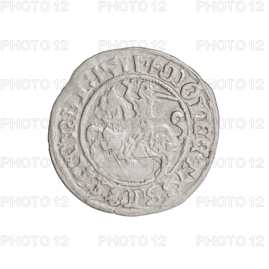 Lithuanian half-grosz, Sigismund I the Old (King of Poland; 1506–1548). Obverse: Pogon (Lithuanian coat of arms) turned left; in the rim between pearl borders an inscription: + MON, TA:SIG, MVNDI:1511. Reverse: Crowned Polish Eagle; in the rim between pearl borders an inscription: +, VCIS:LITVANIE, 1511. Grand Duchy of Lithuania, Vilnius. Coin. Diameter 19.8–20.6 mm; weight 1.22 g.