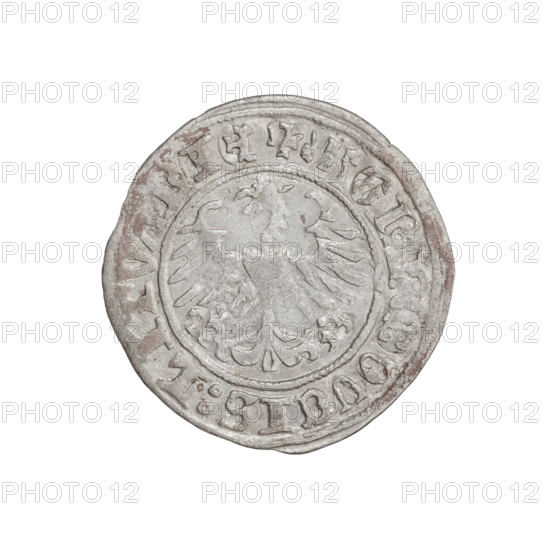 Lithuanian half-grosz, Sigismund I the Old (King of Poland; 1506–1548). Obverse: Pogon (mounted knight) turned left; in the rim between pearl borders an inscription: + MON, TA:SIG, MVNDI:1511. Reverse: Crowned Polish Eagle; in the rim between pearl borders an inscription: +, VCIS:LITVANIE, 1511. Grand Duchy of Lithuania, Vilnius. Coin. Diameter 19.8–20.6 mm. Weight 1.22 g.