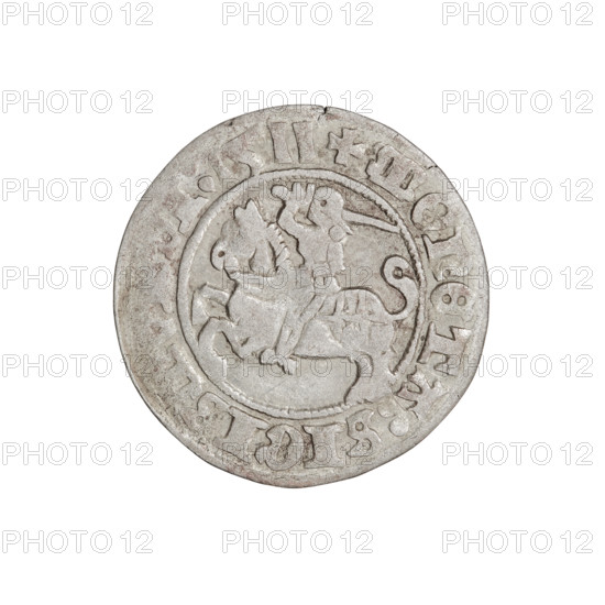 Lithuanian half-grosz, Sigismund I the Old (King of Poland; 1506–1548). Obverse: Pogon (Lithuanian coat of arms) turned left; in the rim between pearl borders an inscription: + COIN:SIGI, I:1511. Reverse: Polish crowned eagle; in the rim between pearl borders an inscription: DVCIS:LITVANIE, 1511. Coin of the Grand Duchy of Lithuania, Vilnius. Copper (or unspecified metal) coin; diameter ~19.6–20.0 mm; weight 1.21 g.