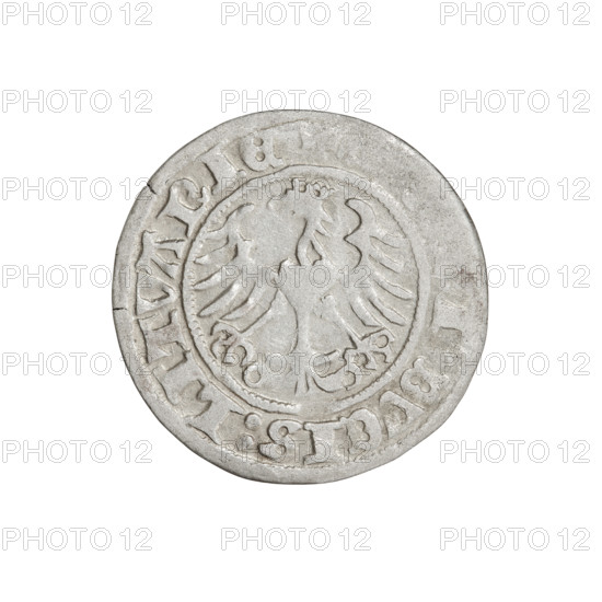 Lithuanian half-grosz, Sigismund I the Old (King of Poland, 1506–1548). Obverse: Pogon turned left; in the rim between pearl borders an inscription: + COIN:SIGI, I:1511. Reverse: Polish crowned eagle; in the rim between pearl borders an inscription: DVCIS:LITVANIE, 1511. Grand Duchy of Lithuania, Vilnius. Coin; diameter ca. 19.6–20.0 mm; weight 1.21 g.