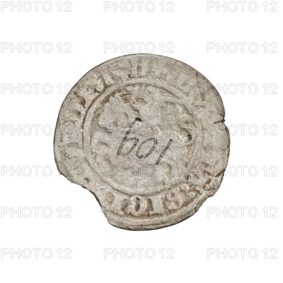 Lithuanian half-grosz, Sigismund I the Old (King of Poland; 1506–1548). Obverse: Pogon turned left; in the rim between pearl borders an inscription: , :SIGI, MVNDI:1511. Reverse: Polish crowned eagle; in the rim between pearl borders an inscription: , NI:DVC, VANIE, 1511. Coats of arms: Eagle (Poland) and Pogon (Lithuania). Associated with the Jagiellon dynasty and the Grand Duchy of Lithuania. Minted in Vilnius. Coin; diameter 19.1–19.8 mm; weight 0.49 g.