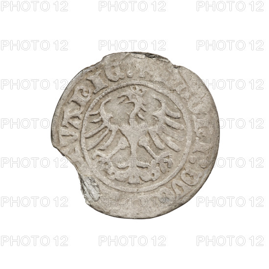Lithuanian half-grosz, Sigismund I the Old (King of Poland; 1506–1548). Obverse: Pogon (Lithuanian coat of arms) turned left; in the rim between pearl borders an inscription: :SIGI, MVNDI:1511. Reverse: Polish crowned eagle; in the rim between pearl borders an inscription: NI:DVC, VANIE, 1511. Jagiellon dynasty; Grand Duchy of Lithuania, Vilnius; coin (dia. 19.1–19.8 mm; weight 0.49 g).