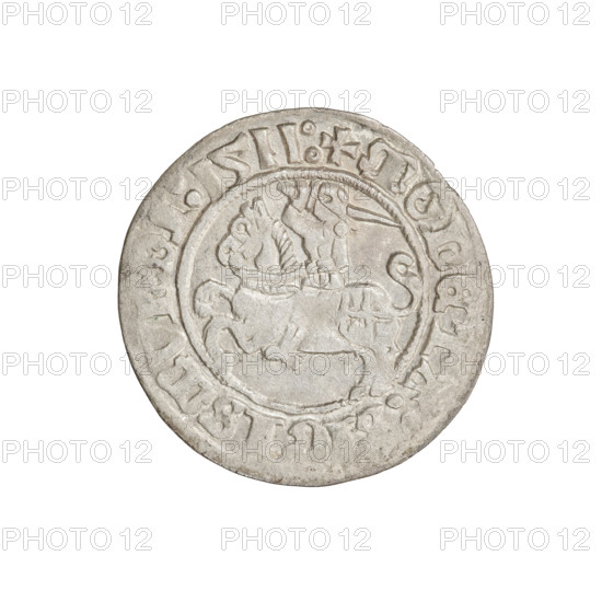 Lithuanian half-grosz, Sigismund I the Old (King of Poland; 1506–1548). Obverse: Pogon turned left; in the rim between pearl borders an inscription: + COIN:SIGISMVNDI:1511. Reverse: Polish Eagle with a crown; in the rim between pearl borders an inscription: + MAGNI:DVCIS:LITVA, 1511. Grand Duchy of Lithuania, Vilnius. Coin. Diameter 19.4–20.0 mm; weight 1.18 g.