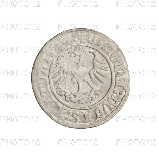 Lithuanian half-grosz, Sigismund I the Old (King of Poland; 1506–1548). Obverse: Pogon (Lithuanian coat of arms) turned left; in the rim between pearl borders an inscription: + COIN:SIGISMVNDI:1511. Reverse: Polish crowned eagle; in the rim between pearl borders an inscription: + MAGNI:DVCIS:LITVA, 1511. Grand Duchy of Lithuania, Vilnius. Coin. Diameter 19.4–20.0 mm. Weight 1.18 g.