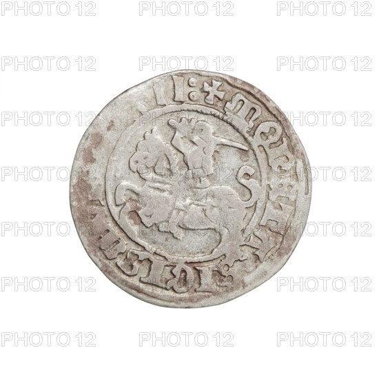 Lithuanian half-grosz, Sigismund I the Old (King of Poland; 1506–1548). Obverse: Pogon (Lithuanian coat of arms) turned left; in the rim between pearl borders an inscription: + COIN: SIGISMV. Reverse: Polish eagle with a crown; in the rim between pearly borders an inscription: + MAGNI:DVCIS:, IE:, 1511. Jagiellon dynasty; Grand Duchy of Lithuania, Vilnius; coin. Diameter: 19.5–20.2 mm. Weight: 1.18 g.