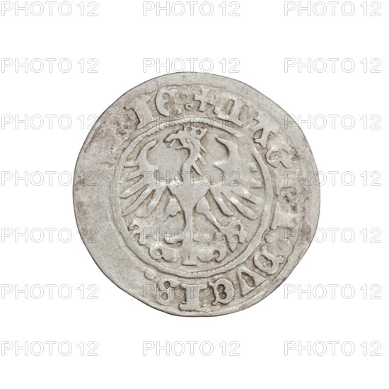 Lithuanian half-grosz, Sigismund I the Old (King of Poland; 1506–1548). Obverse: Pogon (Lithuanian coat of arms) turned left; in the rim between pearl borders an inscription: + COIN: SIGISMV. Reverse: Polish crowned eagle; in the rim between pearly borders an inscription: + MAGNI:DVCIS:, IE:, 1511. Grand Duchy of Lithuania, Vilnius. Coin (silver?), diameter 19.5–20.2 mm, weight 1.18 g.