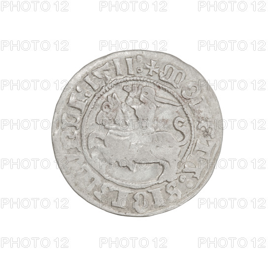 Lithuanian half-grosz, Sigismund I the Old (King of Poland; 1506–1548). Obverse: Pogon (Lithuanian mounted knight) turned left; in the rim between pearl borders an inscription: + COIN:SIGISMVNDI:1511:. Reverse: Polish crowned eagle; in the rim between pearly borders an inscription: + MAGNI:DV,LITVANIE:. Dated 1511. Grand Duchy of Lithuania, Vilnius. Coin (silver), diameter c. 19.5–20.0 mm, weight 1.26 g. Subjects: eagles, Jagiellons dynasty, coats of arms.