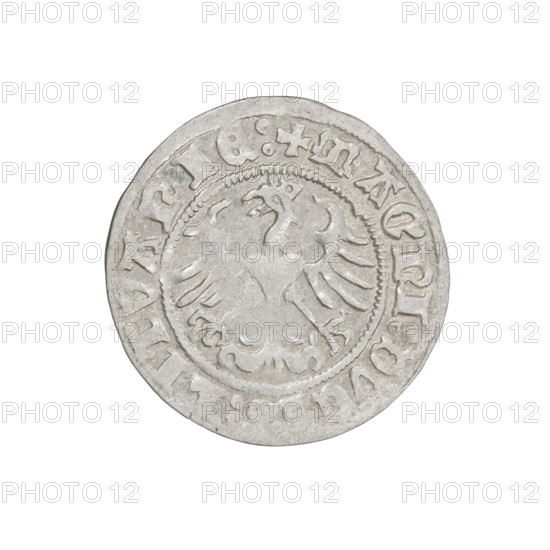 Lithuanian half-grosz, Sigismund I the Old (King of Poland; 1506–1548). Obverse: Pogon (mounted knight) turned left; in the rim between pearl borders an inscription: + COIN:SIGISMVNDI:1511:. Reverse: Polish crowned eagle; in the rim between pearly borders an inscription: + MAGNI:DV:LITVANIE:. Dated 1511. Grand Duchy of Lithuania, Vilnius. Coin; diameter 19.5–20.0 mm; weight 1.26 g.