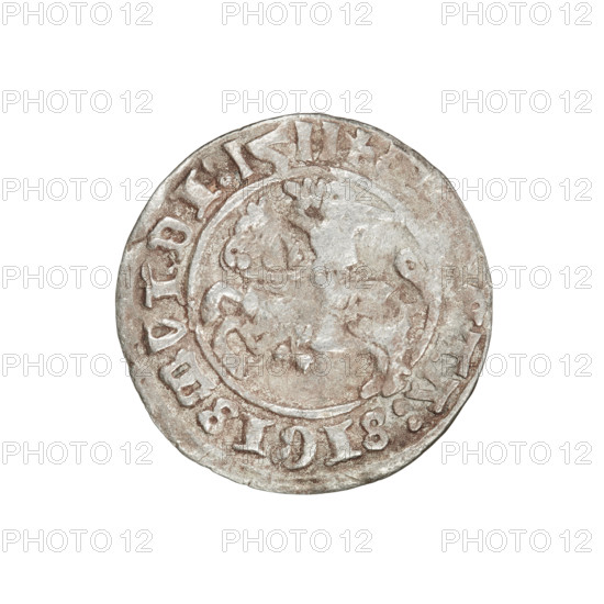Lithuanian half-grosz, Sigismund I the Old (King of Poland; 1506–1548). Obverse: Pogon (Lithuanian coat of arms) turned left; in the rim between pearl borders an inscription: + MONET:SIG:DI:1511. Reverse: Polish crowned eagle; in the rim between the pearl borders an inscription: MAGNI:DVCIS:LITV 1511. Jagiellon dynasty; coats of arms. Grand Duchy of Lithuania, Vilnius, Poland. Coin; diameter ~19.8–20.0 mm, weight 1.16 g.