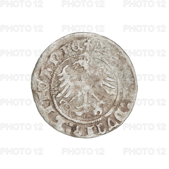 Lithuanian half-grosz, Sigismund I the Old (King of Poland; 1506–1548). Obverse: Pogon (Lithuanian coat of arms) turned left; in the rim between pearl borders an inscription: + MONET,:SIG, DI:1511. Reverse: Polish crowned eagle; in the rim between the pearl borders an inscription: MAGNI:DVCIS:LITV, 1511. Grand Duchy of Lithuania; Vilnius. Coin. Diameter 19.8–20.0 mm; weight 1.16 g.
