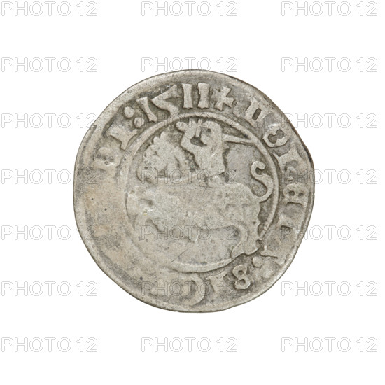 Lithuanian half-grosz, Sigismund I the Old (King of Poland; 1506–1548). Obverse: Pogon turned left; in the rim between pearl borders an inscription: + TA:SIGISMVNDI:1511. Reverse: Polish Eagle with a crown; in the rim between pearl borders an inscription: + DVCIS:LITVANIE, 1511. Coats of arms: Pogon (Lithuania) and Eagle (Poland). Jagiellon dynasty. Grand Duchy of Lithuania. Coin; dia. 19.6–19.8 mm; weight 1.18 g.