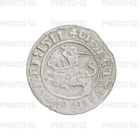 Lithuanian half-grosz, Sigismund I the Old (King of Poland; 1506–1548). Obverse: Pogon (Lithuanian coat of arms) turned left; in the rim between pearl borders an inscription: + COIN:, G, NDI:1511. Reverse: Polish crowned eagle; in the rim between pearly borders an inscription: + MAGNI:DVCIS:LI, IE:, 1511. Jagiellon dynasty; Grand Duchy of Lithuania, Vilnius. Coin. Diameter 19.8–20.2 mm; weight 1.17 g.