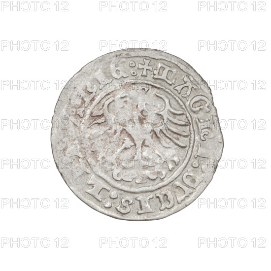 Lithuanian half-grosz, Sigismund I the Old (King of Poland; 1506–1548). Obverse: Pogon (Lithuanian coat of arms) turned left; in the rim between pearl borders an inscription: + COIN:, G, NDI:1511. Reverse: Polish crowned eagle; in the rim between pearly borders an inscription: + MAGNI:DVCIS:LI, IE:, 1511. Jagiellon dynasty; Grand Duchy of Lithuania, Vilnius. Coin, silver; diameter ca. 19.8–20.2 mm, weight 1.17 g.