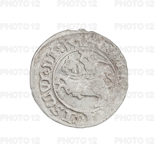 Lithuanian half-grosz, Sigismund I the Old (King of Poland; 1506–1548). Obverse: Pogon (Lithuanian mounted knight) turned left; in the rim between pearly borders an inscription: + VANI MVNDI 1511. Reverse: Polish crowned eagle; in the rim between pearly borders an inscription: MVNDI VCIS:LITVANI 1511. Jagiellon dynasty; coat of arms motifs (Eagle, Pogon). Grand Duchy of Lithuania, Vilnius. Coin; diameter c. 19.3–20.0 mm; weight 1.13 g.