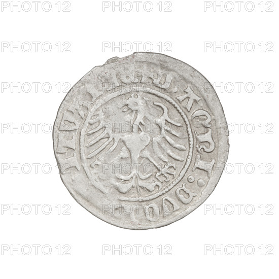 Lithuanian half-grosz, Sigismund I the Old (King of Poland; 1506–1548). Obverse: Pogon (Lithuanian coat of arms) turned left; in the rim between pearly borders an inscription: + VANI MVNDI 1511. Reverse: Polish crowned eagle; in the rim between pearly borders an inscription: MVNDI VCIS:LITVANI 1511. Jagiellon dynasty; Grand Duchy of Lithuania, Vilnius. Coin, silver. Diameter c. 19.3–20.0 mm; weight 1.13 g.