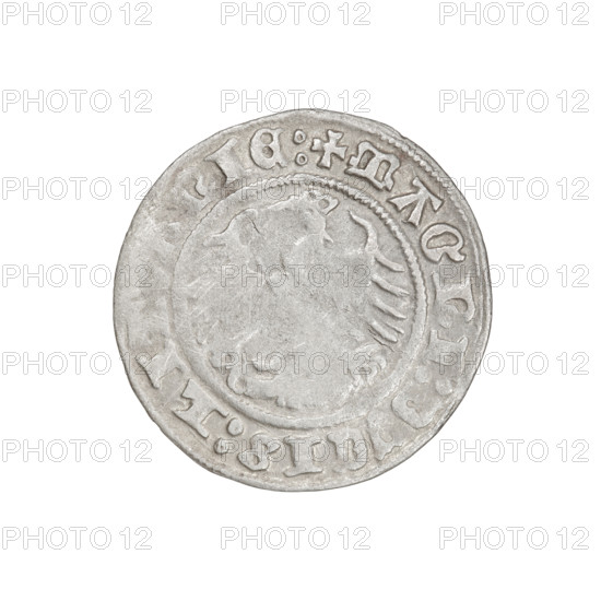 Lithuanian half-grosz, Sigismund I the Old (King of Poland; 1506–1548). Obverse: Pogon turned left; in the rim between pearl borders an inscription: ONETA: ISMVNDI: 1511. Reverse: Polish crowned eagle; in the rim between pearl borders an inscription: + MAGNI:DVCIS:LI, IE: 1511. Jagiellon dynasty; coats of arms: Eagle (Poland) and Pogon (Lithuania). Grand Duchy of Lithuania, Vilnius. Coin; diameter 19.8–20.2 mm, weight 1.18 g.