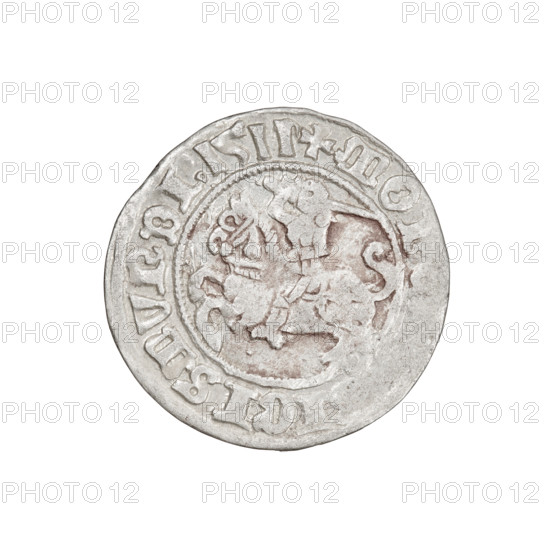 Lithuanian half-grosz, Sigismund I the Old (King of Poland; 1506–1548). Obverse: Pogon (Lithuanian coat of arms) turned left; in the rim between pearly borders the inscription '+ MO, IGISMVNDI:1511'. Reverse: Polish crowned Eagle; in the rim between pearly borders the inscription '+ M, :DVCIS:LITVANIE, 1511'. Coin of the Grand Duchy of Lithuania (Vilnius). Silver coin, diameter ~19.6–19.8 mm, weight 1.18 g.