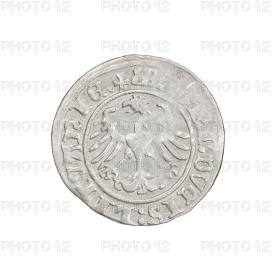 Lithuanian half-grosz, Sigismund I the Old (King of Poland; 1506–1548). Obverse: Pogon (Lithuanian coat of arms) turned left; in the rim between pearly borders the inscription '+ MO, IGISMVNDI:1511'. Reverse: Polish crowned eagle; in the rim between pearly borders the inscription '+ M, :DVCIS:LITVANIE, 1511'. Jagiellon dynasty; Grand Duchy of Lithuania, Vilnius. Coin; diameter ~19.6–19.8 mm; weight 1.18 g.