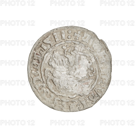 Lithuanian half-grosz, Sigismund I the Old (King of Poland; 1506–1548). Obverse: Pogon (Lithuanian coat of arms) turned left; in the rim between pearly borders an inscription: + MONE, IGISMVNDI:15. Reverse: Polish crowned eagle; in the rim between pearly borders an inscription: +, AGNI:DVCI, ITVA, IE, 1511. Jagiellon dynasty; Grand Duchy of Lithuania, Vilnius, Poland. Coin; diameter 19.8–20.2 mm; weight 1.16 g.