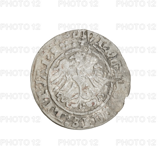 Lithuanian half-grosz, Sigismund I the Old (King of Poland; 1506–1548). Obverse: Pogon (Lithuanian mounted knight) turned left; in the rim between pearly borders an inscription: + MONE, IGISMVNDI:15. Reverse: Polish eagle with a crown; in the rim between pearly borders an inscription: +, AGNI:DVCI, ITVA, IE, 1511. Jagiellon dynasty; coat of arms (Eagle, Pogon). Grand Duchy of Lithuania, Vilnius. Coin. Diameter 19.8–20.2 mm; weight 1.16 g.