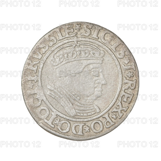 Prussian grosz, Sigismund I the Old (King of Poland; 1506–1548); 1533. Obverse: crowned male bust in profile turned to the right; rim inscription: .SIGIS.I.REX.PO.DO.TOCI.PRVSSIE Rw. Reverse: the Eagle of Royal Prussia; rim inscription: .GROSS.COMV.TERR.PRVSS. Materials: coin; subject: eagles, royal/male bust, Jagiellonian emblem; iconography of Sigismund I the Old. Location: Torun, Poland.