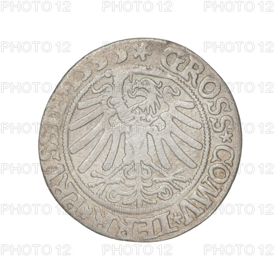 Prussian grosz, Sigismund I the Old (King of Poland; 1506–1548); silver coin, 1533. Obverse: crowned male bust in profile facing right with rim inscription '.SIGIS.I.REX.PO.DO.TOCI.PRVSSIE Rw.' Reverse: the Eagle of Royal Prussia with rim inscription '.GROSS.COMV.TERR.PRVSS'. Torun, Poland.