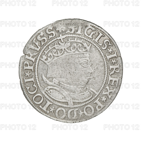 Prussian grosz, Sigismund I the Old (King of Poland ; 1506–1548); silver coin, 1533. Obverse: Crowned male bust in profile turned to the right, in the rim between pearly borders an inscription: .SIGIS.I.REX.PO.DO.TOCI.PRVSS Rw. Reverse: The Eagle of Royal Prussia, in the rim between the pearl borders the inscription: .GROSS.COMV.TERR, RVSSIE.1533. Torun, Poland. Subjects/emblems: eagles, Jagiellonian dynasty, emblems, Eagle (emblem), male/royal bust; iconography of Sigismund I the Old.
