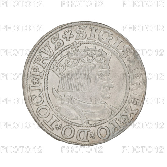 Prussian grosz, Sigismund I the Old (King of Poland; 1506–1548); obverse: crowned male bust in profile turned to the right, rim inscription '.SIGIS.I.REX.PO.DO.TOCI.PRVS'; reverse: the Eagle of Royal Prussia, rim inscription '.GROSS.COMV.TERR.PRVSSIE.1533'; dated 1533; Torun, Poland.
