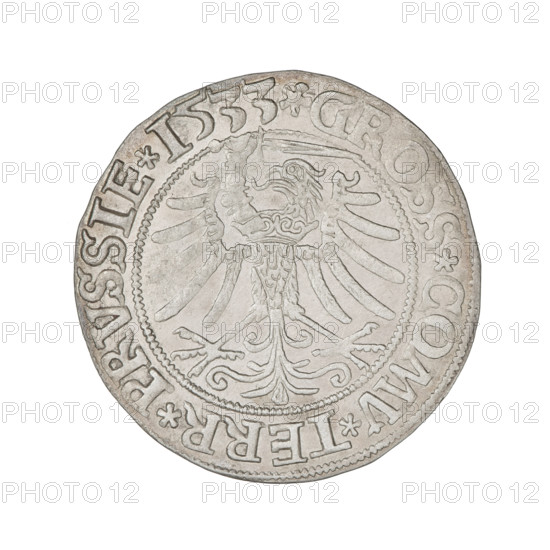 Prussian grosz, Sigismund I the Old (King of Poland; 1506–1548). Obverse: Crowned male bust in profile turned to the right; rim inscription: .SIGIS.I.REX.PO.DO.TOCI.PRVS. Reverse: The Eagle of Royal Prussia; rim inscription: .GROSS.COMV.TERR.PRVSSIE.1533. 1533. Torun, Poland. Subjects/emblems: eagles, Polish coins, Jagiellonian dynasty, emblems, Eagle (emblem), male/royal bust; iconography of Sigismund I the Old (1467–1548). Materials: coin. Function: currency.