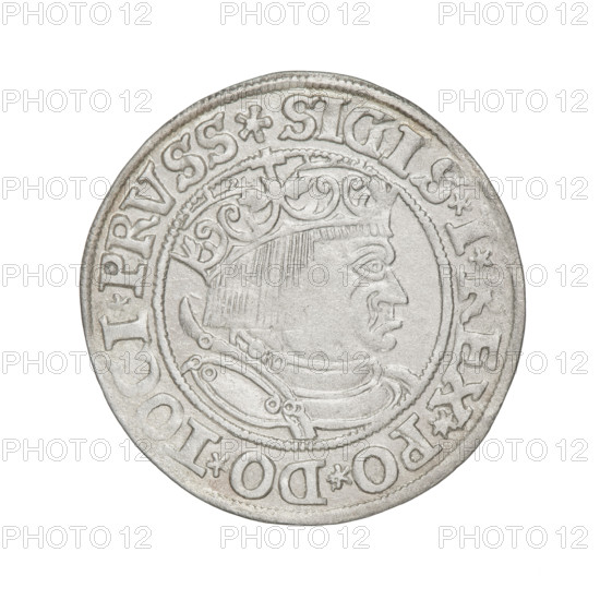 Prussian grosz, Sigismund I the Old (King of Poland; 1506–1548). Obverse: Crowned male bust in profile turned to the right; rim inscription: .SIGIS.I.REX.PO.DO.TOCI.PRVSS. Reverse: The Eagle of Royal Prussia; rim inscription: .GROSS.COMV.TERR.PRVSS. Date: 1533. Mint: Torun, Poland. Subjects/tags: eagles, Polish coins, Jagiellonians (dynasty), emblems, Eagle (emblem), male/royal bust, Sigismund I the Old — iconography.