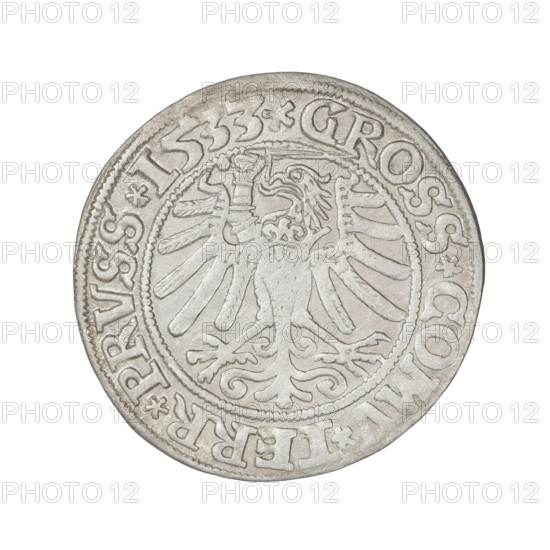 Prussian grosz, Sigismund I the Old (King of Poland; 1506–1548). Obverse: Crowned male bust in profile turned to the right; rim inscription: .SIGIS.I.REX.PO.DO.TOCI.PRVSS Rw. Reverse: The Eagle of Royal Prussia; rim inscription: .GROSS.COMV.TERR.PRVSS. Date: 1533. Torun, Poland. Subjects/emblems: eagles, Jagiellonian dynasty, emblems, Eagle (emblem), male/royal bust; iconography of Sigismund I the Old. Materials: coin.