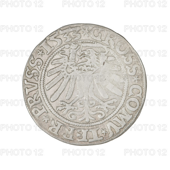 Prussian grosz, Sigismund I the Old (King of Poland; 1506–1548). Obverse: Crowned male bust in profile turned to the right, in the rim between pearly borders an inscription: .SIGIS.I.REX.PO.DO.TOCI.PRVSS Rv: The Eagle of Royal Prussia, in the rim between the pearl borders the inscription: .GROSS.COMV.TERR.PRVSS.1533. Dated 1533, Torun, Poland. Subjects/emblems: eagles, Polish coins, Jagiellonian dynasty, emblems, Eagle (emblem), male/royal bust; iconography of Sigismund I the Old. Materials/function: coin.