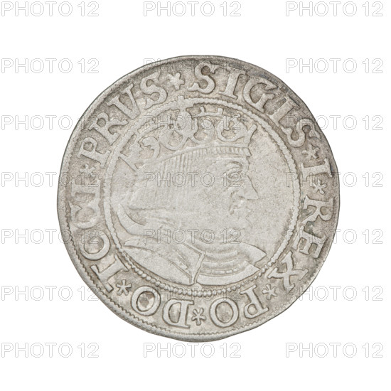 Prussian grosz, Sigismund I the Old (King of Poland; 1506–1548). Obverse: Crowned male bust in profile turned to the right; in the rim between pearl borders an inscription: .SIGIS.I.REX.PO.DO.TOCI.PRVS. Reverse: The Eagle of Royal Prussia; in the rim between the pearl borders the inscription: .GROSS.COMV.TERR.PRVSSIE.1533. Dated 1533, Torun, Poland. Subjects: eagles, Polish coins, Jagiellonian dynasty emblems, eagle emblem, royal bust; iconography of Sigismund I the Old (1467–1548). Materials: coin.