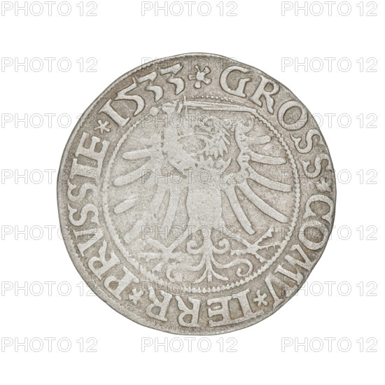 Prussian grosz, Sigismund I the Old (King of Poland; 1506–1548). Obverse: Crowned male bust in profile turned to the right, in the rim between pearl borders an inscription: .SIGIS.I.REX.PO.DO.TOCI.PRVS. Reverse: The Eagle of Royal Prussia, in the rim between the pearl borders the inscription: .GROSS.COMV.TERR.PRVSSIE.1533. 1533. Torun, Poland. Subjects/emblems: eagles, Jagiellonian dynasty, emblems, Eagle (emblem), male/royal bust; iconography of Sigismund I the Old. Materials/function: coin.