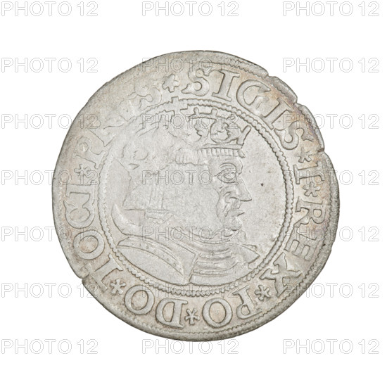 Prussian grosz, Sigismund I the Old (King of Poland; 1506–1548). Obverse: Crowned male bust in profile turned right; in the rim between pearl borders an inscription: .SIGIS.I.REX.PO.DO.TOCI.PRVS. Reverse: The Eagle of Royal Prussia; in the rim between the pearl borders the inscription: .GROSS.COMV.TERR.PRVSSIE.1533. 1533, Torun, Poland. Subjects/emblems: eagles, Polish coins, Jagiellonians dynasty, emblems, Eagle (emblem), male/royal bust, Sigismund I the Old — iconography. Materials/function: coin.