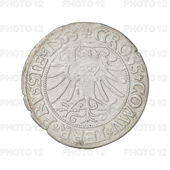 Prussian grosz, Sigismund I the Old (King of Poland; 1506–1548); silver coin dated 1533. Obverse: crowned male bust in profile turned to the right; rim inscription: .SIGIS.I.REX.PO.DO.TOCI.PRVS. Reverse: the Eagle of Royal Prussia; rim inscription: .GROSS.COMV.TERR.PRVSSIE. Torun, Poland. Subjects/emblems: eagles, Jagiellonian dynasty, male/royal bust, heraldic eagle; iconography of Sigismund I the Old.