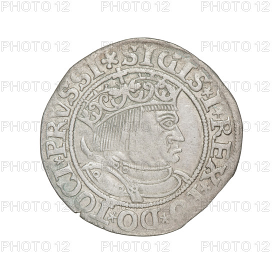 Prussian grosz, Sigismund I the Old (King of Poland; 1506–1548). Obverse: Crowned male bust in profile turned to the right; in the rim between pearly borders an inscription: .SIGIS.I.REX., .DO.TOCI.PRVSSI. Reverse: The Eagle of Royal Prussia; in the rim between the pearl borders the inscription: GR, S.COMV., ERR.PRVSS. 1533. Coin struck 1533, Torun, Poland.