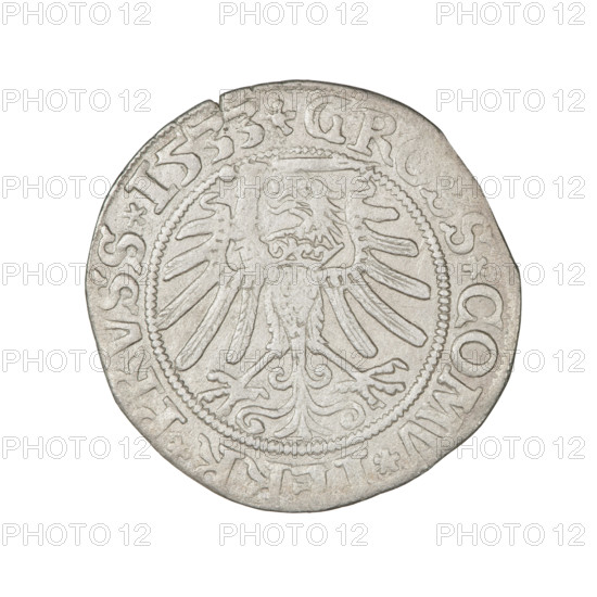 Prussian grosz, Sigismund I the Old (King of Poland; 1506–1548). Obverse: Crowned male bust in profile turned to the right, in the rim between pearly borders an inscription: .SIGIS.I.REX., .DO.TOCI.PRVSSI. Reverse: The Eagle of Royal Prussia, in the rim between the pearl borders the inscription: GR, S.COMV., ERR.PRVSS. 1533. Materials: coin; date: 1533; place: Torun, Poland. Subjects/emblems: eagles, Jagiellonian dynasty, emblems, male/royal bust; iconography of Sigismund I the Old (1467–1548).
