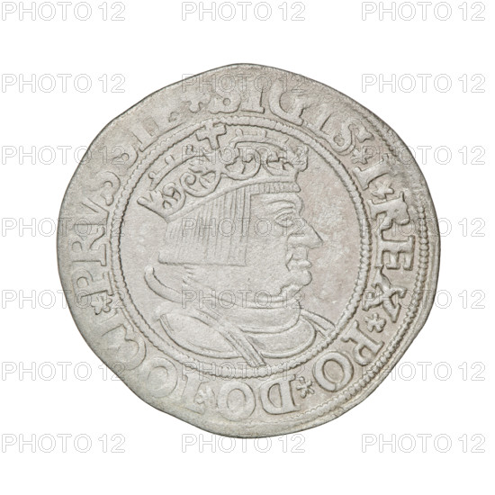 Prussian grosz, Sigismund I the Old (King of Poland; 1506–1548). Obverse: Crowned male bust in profile turned to the right; rim inscription: .SIGIS.I.REX.PO.DO.TOCI.PRVSSIE Rw. Reverse: The Eagle of Royal Prussia; rim inscription: .GROSS.COMV.TERR., dated 1534. Coin struck in Torun, Poland. Keywords: eagles, Polish coins, Jagiellonians (dynasty), emblems, Eagle (emblem), male busts, royal bust, Sigismund I the Old — iconography.
