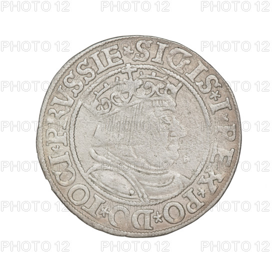 Prussian grosz, Sigismund I the Old (King of Poland; 1467–1548), 1534. Obverse: crowned male bust in profile turned to the right, in the rim between pearly borders an inscription: .SIGIS.I.REX.PO.DO.TOCI.PRVSSIE Rw. Reverse: the Eagle of Royal Prussia, in the rim between the pearl borders the inscription: .GROSS.COMV.TERR.PRVSSIE.1534. Coin; Torun, Poland.