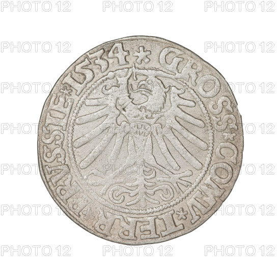 Prussian grosz, Sigismund I the Old (King of Poland; 1506–1548). Obverse: Crowned male bust in profile facing right; rim inscription: .SIGIS.I.REX.PO.DO.TOCI.PRVSSIE. Reverse: The Eagle of Royal Prussia; rim inscription: .GROSS.COMV.TERR.PRVSSIE. Dated 1534. Torun, Poland. Subjects/emblems: eagles, royal bust, male busts; Jagiellonian dynasty; iconography of Sigismund I the Old. Materials/function: coin.