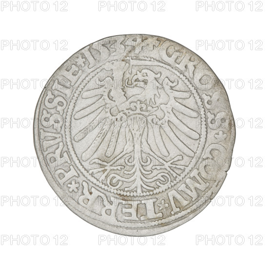 Prussian grosz, Sigismund I the Old (King of Poland; 1506–1548). Obverse: Crowned male bust in profile turned to the right, in the rim between pearly borders an inscription: .SIGIS.I.REX.PO.DO.TOCI.PRVSSIE Rw. Reverse: The Eagle of Royal Prussia, in the rim between the pearl borders the inscription: .GROSS.COMV.TERR.PRVSSIE. 1534. Torun, Poland. Coin.
