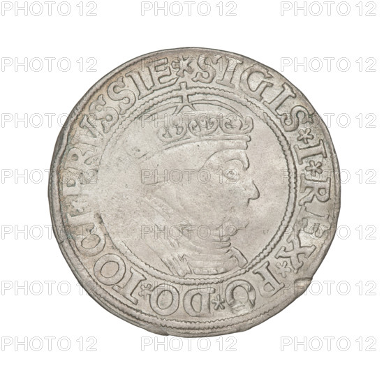 Prussian grosz, Sigismund I the Old (King of Poland; 1506–1548); silver coin (1534). Obverse: Crowned male bust in profile turned to the right; in the rim between pearly borders an inscription: .SIGIS.I.REX.PO.DO.TOCI.PRVSSIE. Reverse: The Eagle of Royal Prussia; in the rim between the pearl borders the inscription: .GROSS.COMV.TERR.PRVSSIE. Torun, Poland. Subjects/iconography: eagles, Jagiellonian dynasty, emblems, male/royal bust, Sigismund I the Old.