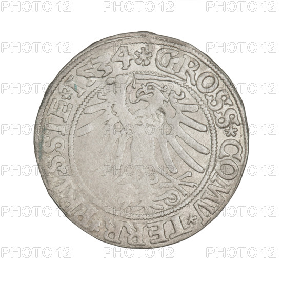 Prussian grosz, Sigismund I the Old (King of Poland; 1506–1548), obverse: crowned male bust in profile turned to the right, in the rim between pearly borders an inscription: .SIGIS.I.REX.PO.DO.TOCI.PRVSSIE Rv.: The Eagle of Royal Prussia, in the rim between the pearl borders the inscription: .GROSS.COMV.TERR.PRVSSIE. 1534, Torun, Poland.