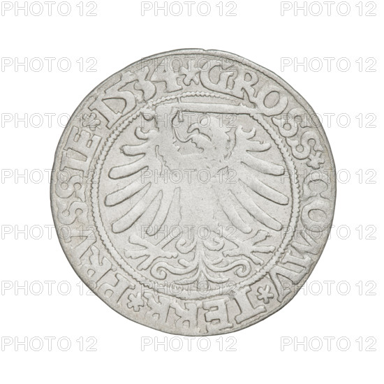 Prussian grosz, Sigismund I the Old (King of Poland; 1506–1548); obverse: crowned male bust in profile turned to the right, rim between pearly borders with inscription '.SIGIS.I.REX.PO.DO.TOCI.PRVSSIE'; reverse: the Eagle of Royal Prussia, rim between pearly borders with inscription '.GROSS.COMV.TERR.PRVSSIE.1534'; dated 1534; Torun, Poland; coin.