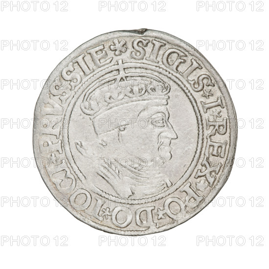 Prussian grosz, Sigismund I the Old (King of Poland; 1506–1548); silver coin (grosz), 1534. Obverse: crowned royal bust of Sigismund I in profile turned right; rim inscription: .SIGIS.I.REX.PO.DO.TOCI.PRVSSIE. Reverse: Eagle of Royal Prussia; rim inscription: .GROSS.COMV.TERR.PRVSSIE. Iconography: eagles, royal/male busts, Jagiellonian dynasty emblems. Location: Torun, Poland (mint).