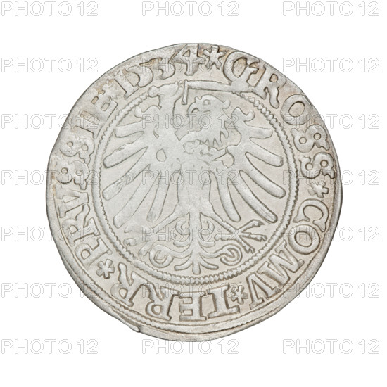 Prussian grosz, Sigismund I the Old (King of Poland; 1506–1548). Obverse: Crowned male bust in profile turned to the right, in the rim between pearly borders an inscription: .SIGIS.I.REX.PO.DO.TOCI.PRVSSIE. Reverse: The Eagle of Royal Prussia, in the rim between the pearly borders the inscription: .GROSS.COMV.TERR.PRVSSIE. Dated 1534; Torun, Poland. Subjects/emblems: eagles, Polish coins, Jagiellonian dynasty, emblems, Eagle (emblem), male royal bust; iconography of Sigismund I the Old.